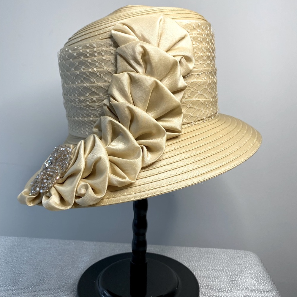 Tan Satin and Rhinestone Church/Special Occasion Hat. LIKE NEW!